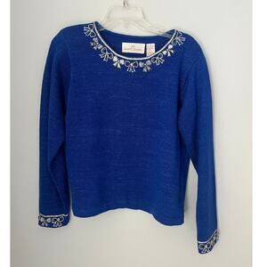 VTG Jane's Closet Sweater Bows Beaded Sequins Metallic Blue Holiday Size Medium